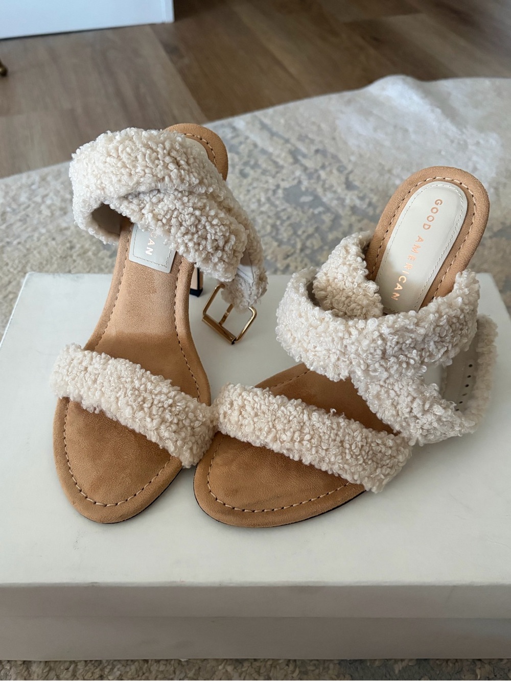 Good American Cream Sherpa Strap Heeled Sandals